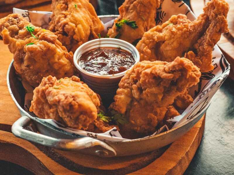 fried chicken on stainless steel tray